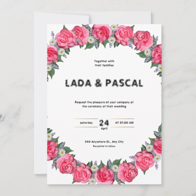 Invitación a una boda con acuarela verde y roja (Anverso)