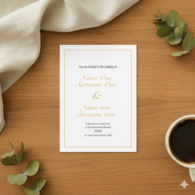 Invitación a una boda con borde dorado (Gold border wedding invitation with elegant script.)