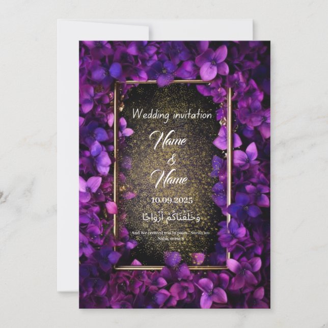 Invitación a una boda con flores moradas (Anverso)