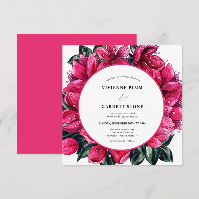 Invitación a una boda con flores rosadas en moda (Anverso / Reverso)