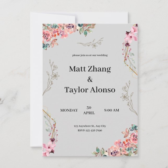 Invitación a una boda con flores y grises (Anverso)
