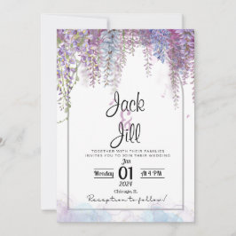 Invitación a una boda con glicinia morada y azul