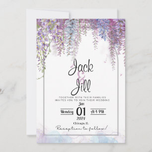 Invitación a una boda con glicinia morada y azul