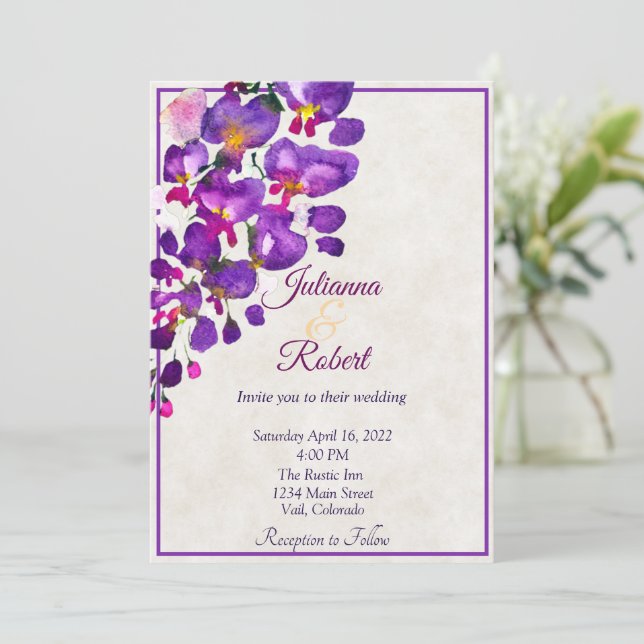 Invitación a una boda con presupuesto de Purple Wi (Anverso de pie)