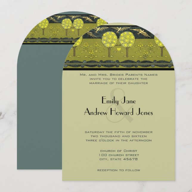 Invitación a una boda de aves en el bosque Art Nou (Anverso / Reverso)