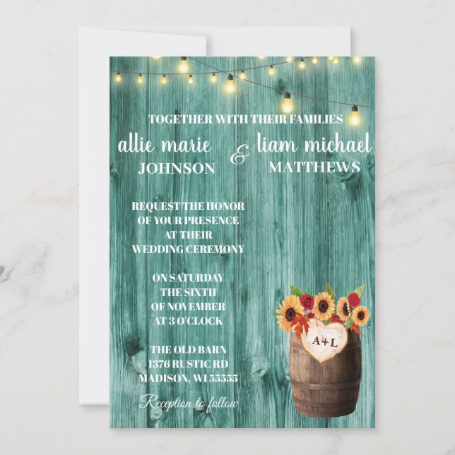 Invitación a una boda de barril entre girasoles y  (Anverso)