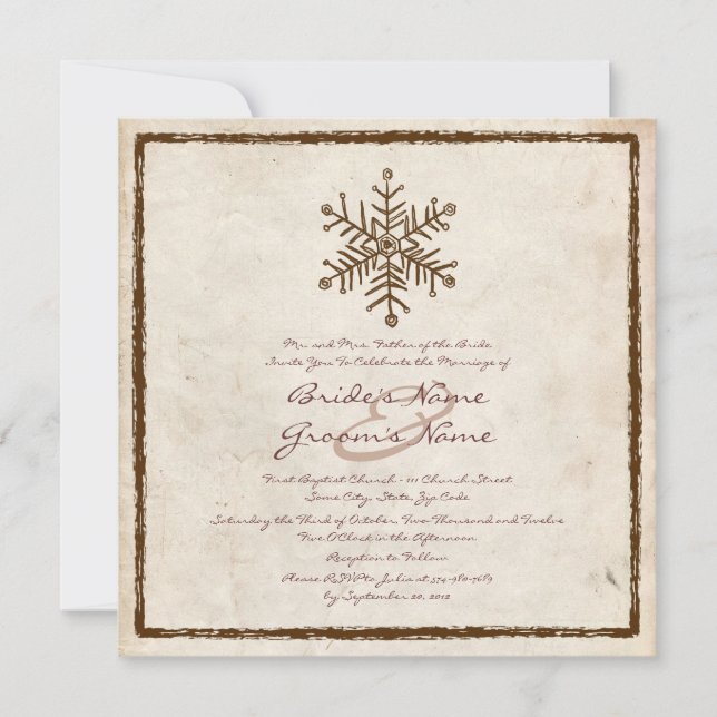 Invitación a una boda de copos de nieve rústica (Anverso)