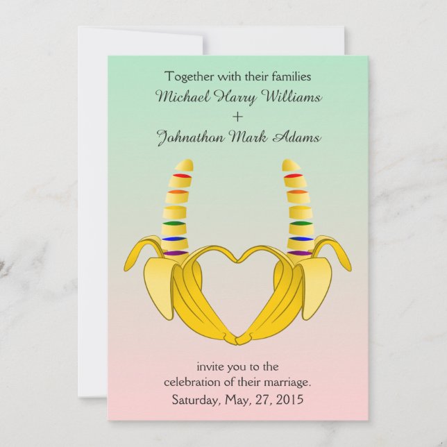 Invitación a una boda de corazón de banana gay div (Anverso)