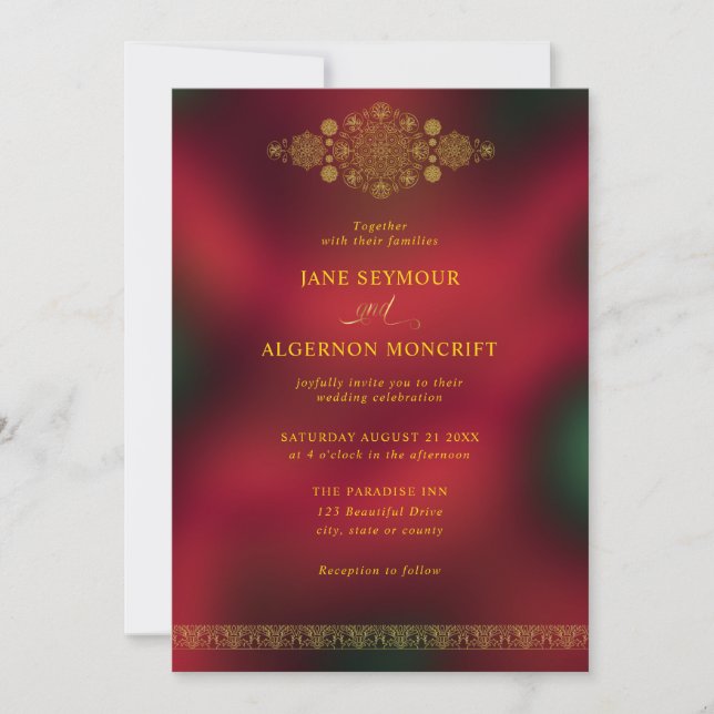 Invitación a una boda de estilo árabe en oro y roj (Anverso)