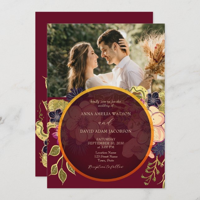 Invitación a una boda de fotos con flores rusticas (Anverso / Reverso)