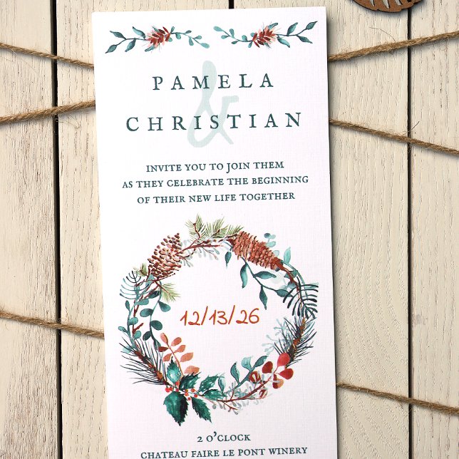 Invitación a una boda de invierno de cobre y verde (Winter Pinecones, Eucalyptus Leaves, Pine Needle Wreath Wedding Invitation, Unique Vertical Design)
