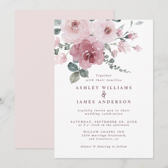 Invitación a una boda de marfil rosa rosa con polv (Anverso / Reverso)