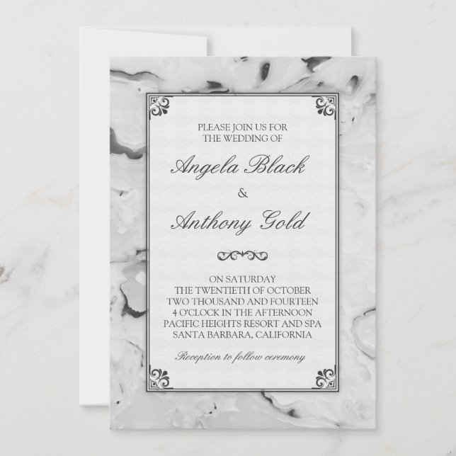 Invitación a una boda de mármol blanco y gris negr (Anverso)