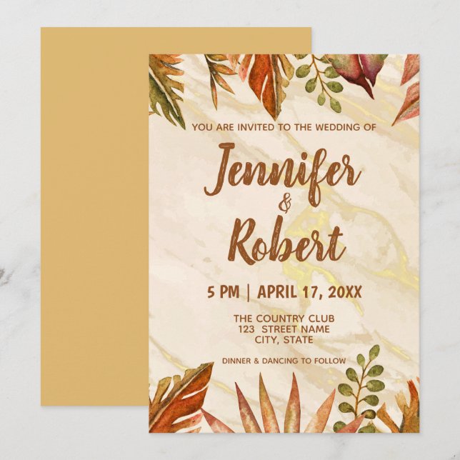 Invitación a una boda de mármol tropical de oro ru (Anverso / Reverso)