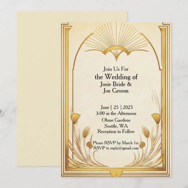 Invitación a una boda de oro en Art Nouveau (Anverso / Reverso)