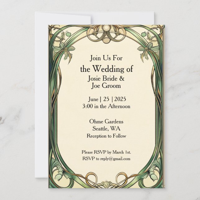 Invitación a una boda de oro verde de Art Nouveau (Anverso)