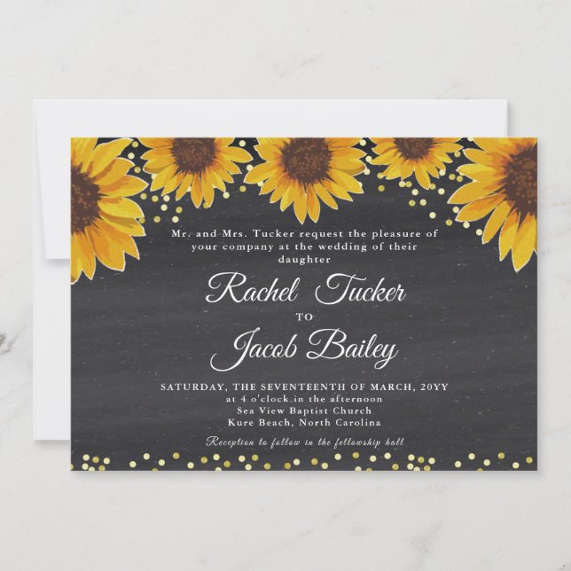 Invitación a una boda de oro y talla de girasol rú (Anverso)