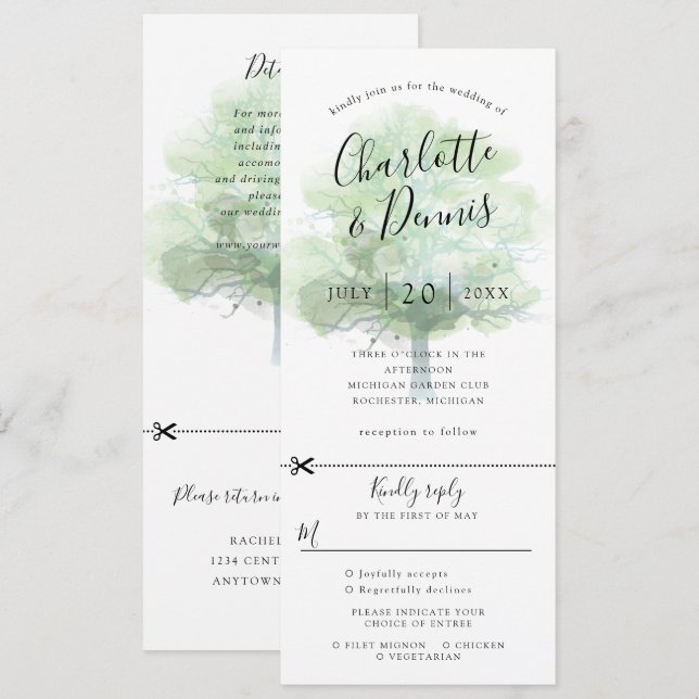 Invitación a una boda de roble verde con rsvp adju (Anverso / Reverso)