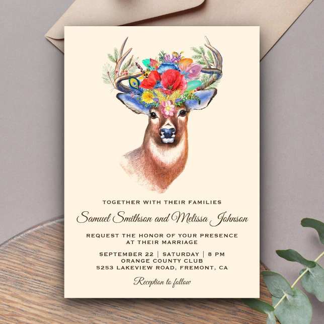 Invitación a una boda de venado floral y rústica e (Subido por el creador)