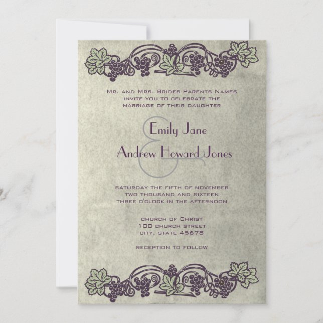 Invitación a una boda de viñedos Art Nouveau (Anverso)