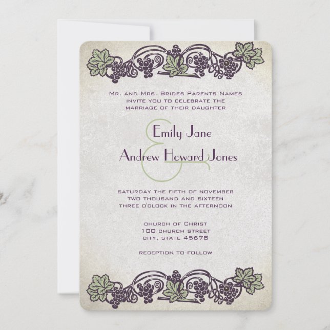 Invitación a una boda de viñedos Art Nouveau (Anverso)