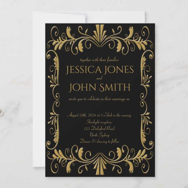 Invitación a una boda elegante en oro negro (Anverso)