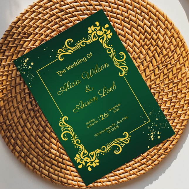 Invitación a una boda elegante verde y dorada (Subido por el creador)