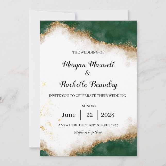 Invitación a una boda elegante verde y dorada (Anverso)