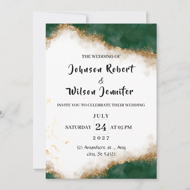 Invitación a una boda elegante verde y dorada (Anverso)