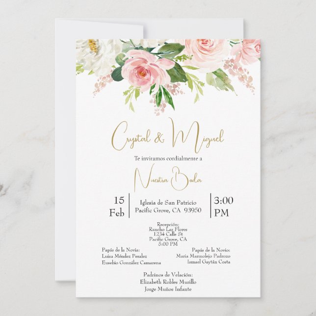 Invitación a una boda en español en rosa blanco y  (Anverso)