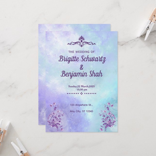 Invitación a una boda estética azul morado (Anverso/Reverso In Situ)