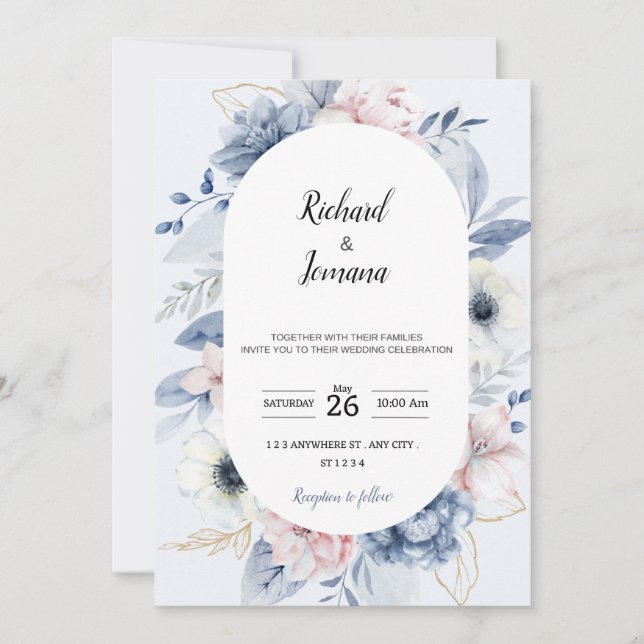 Invitación a una boda floral azul bebé (Anverso)