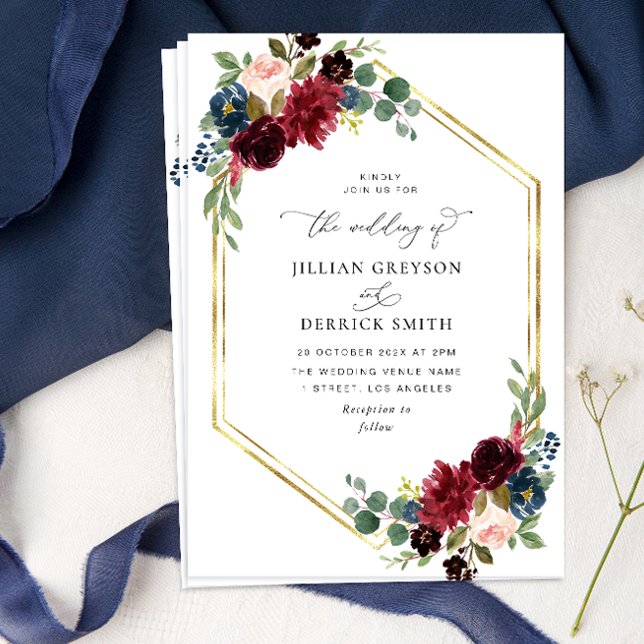 Invitación a una boda floral azul marino de Borgoñ (Subido por el creador)