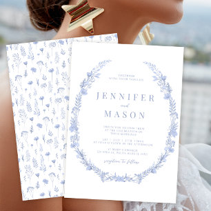 Invitación a una boda floral azul polvorienta y mo