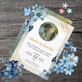 Invitación a una boda floral azul turquesa con fot