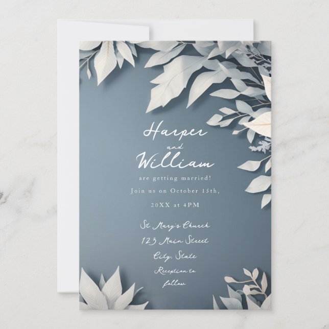 Invitación a una boda floral blanca y azul (Anverso)
