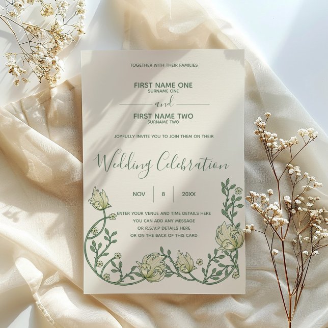 Invitación a una boda floral con crema de Art Nouv (Art nouveau wedding invitation with green script and vintage style floral bottom border.)