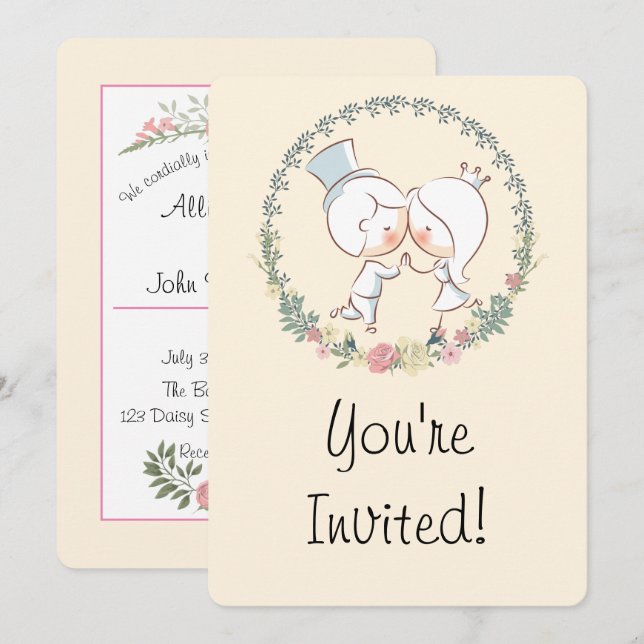 Invitación a una boda floral cute bride y groom (Anverso / Reverso)