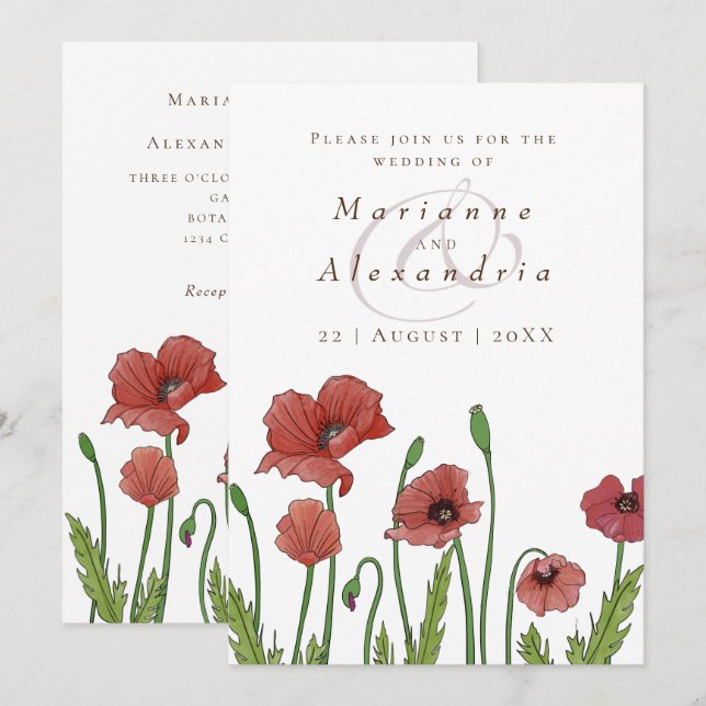 Invitación a una boda floral de adormidera roja mo (Anverso / Reverso)