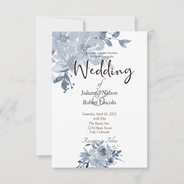 Invitación a una boda floral de color azul (Anverso)