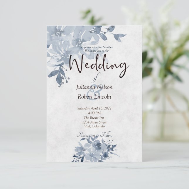 Invitación a una boda floral de color azul (Anverso de pie)