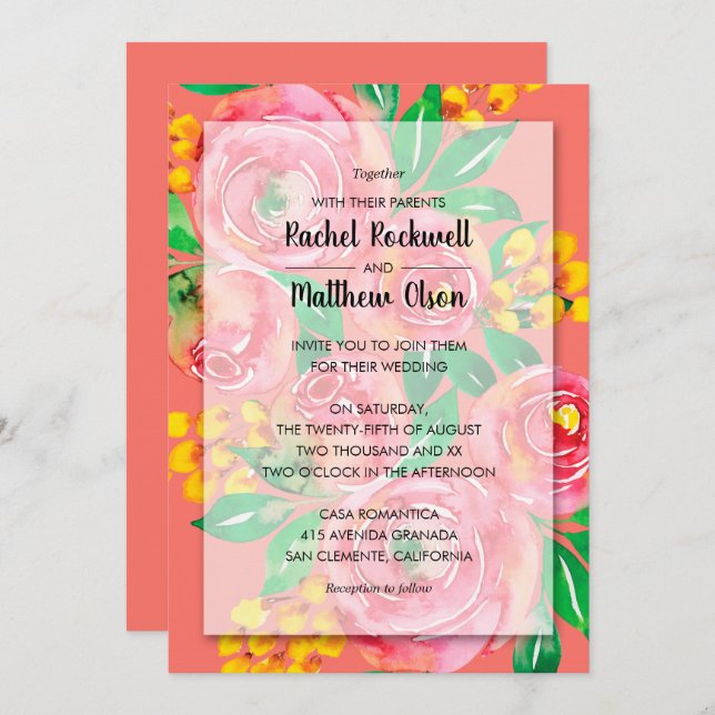 Invitación a una boda floral de coral rosa, amaril (Anverso / Reverso)