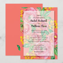 Invitación a una boda floral de coral rosa, amaril