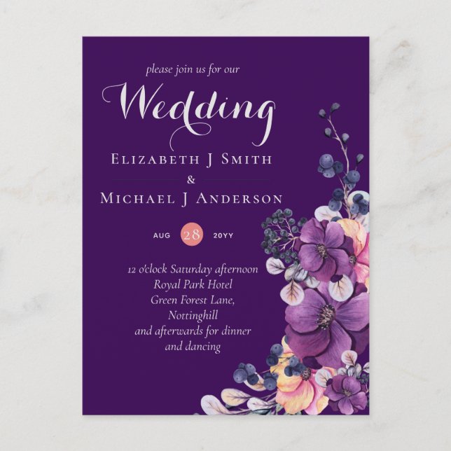 Invitación a una boda floral de dinastía morada co (Anverso)