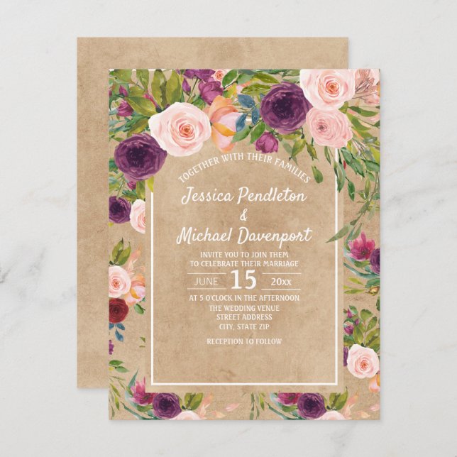 Invitación a una boda floral de kraft Boho Plum en (Anverso / Reverso)