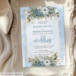 Invitación a una boda floral de oro blanco azul y