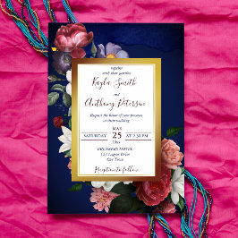 Invitación a una boda floral de rosas burdeos azul