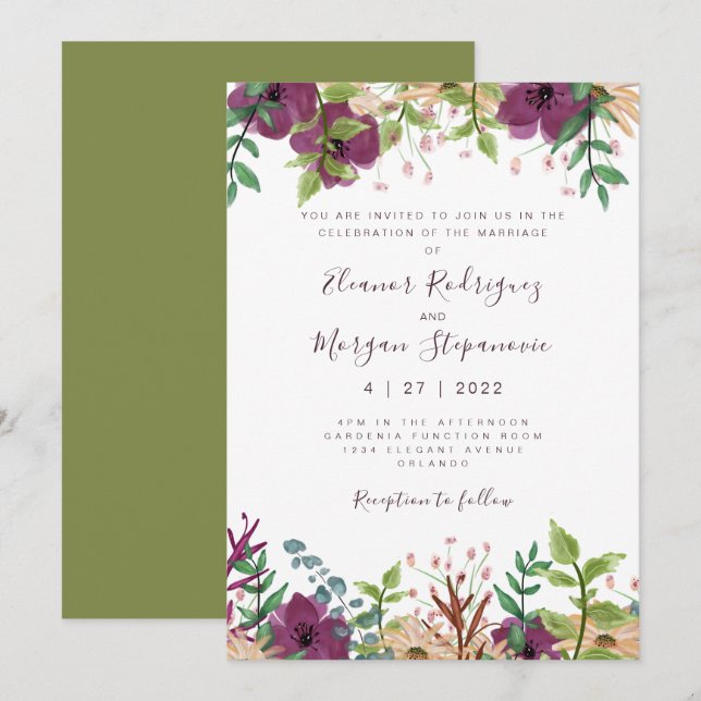 Invitación a una boda floral morada (Anverso / Reverso)
