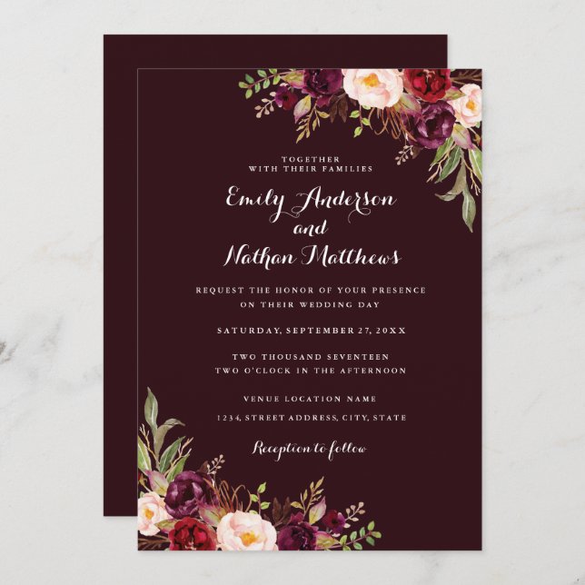 Invitación a una boda floral profunda en rojo en B (Anverso / Reverso)