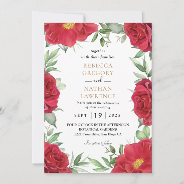Invitación a una boda floral roja y rusa (Anverso)